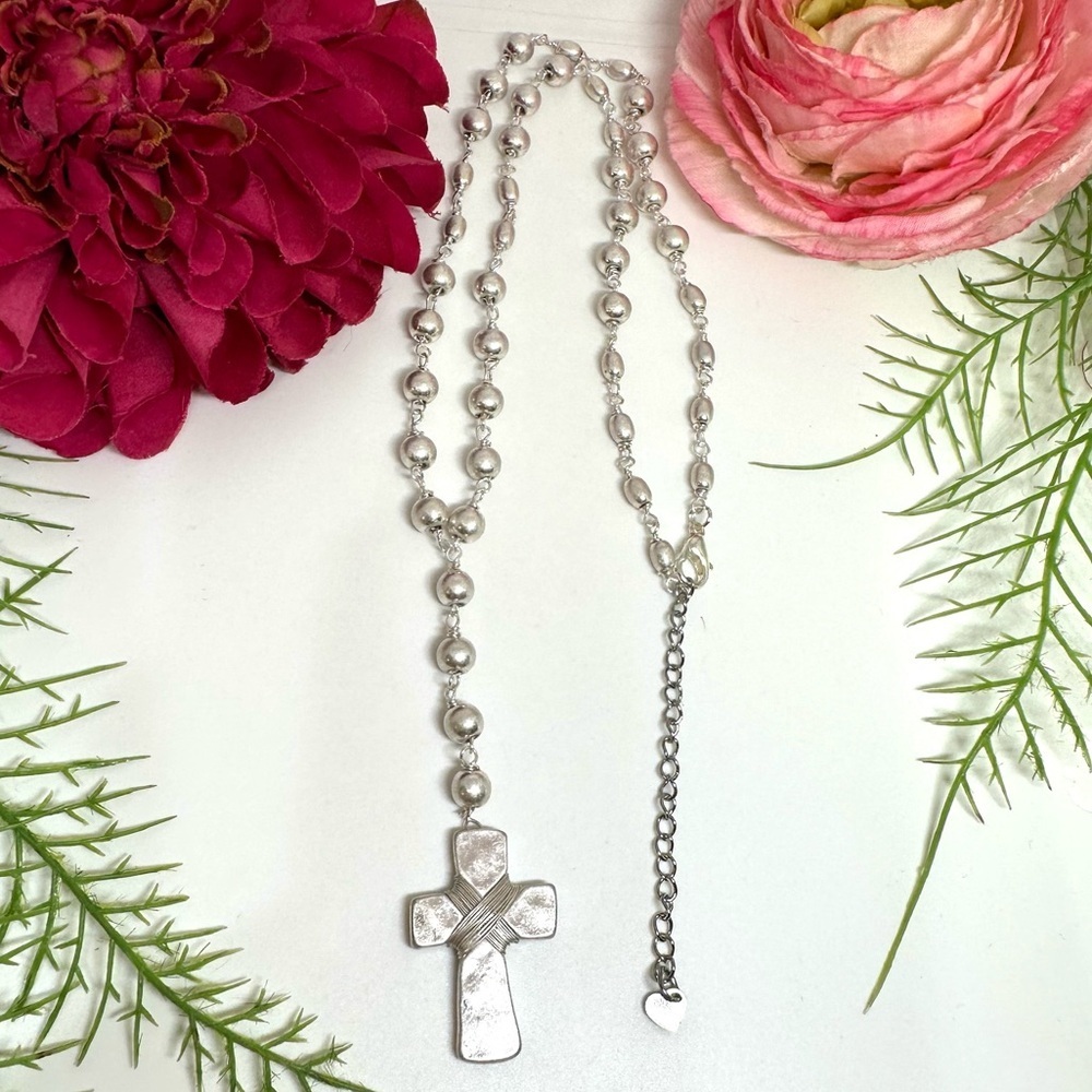 Newhand Beaded Rosary Brushed Silver Necklace